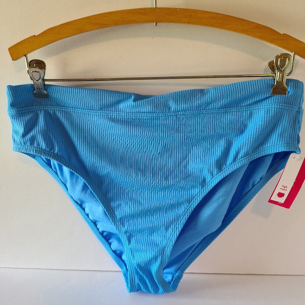XHILARATION JUNIORS RIBBEDHIGH WAISTED SWIM BOTTOMS-SOLID BLUE- SIZE X(14W)-NWT